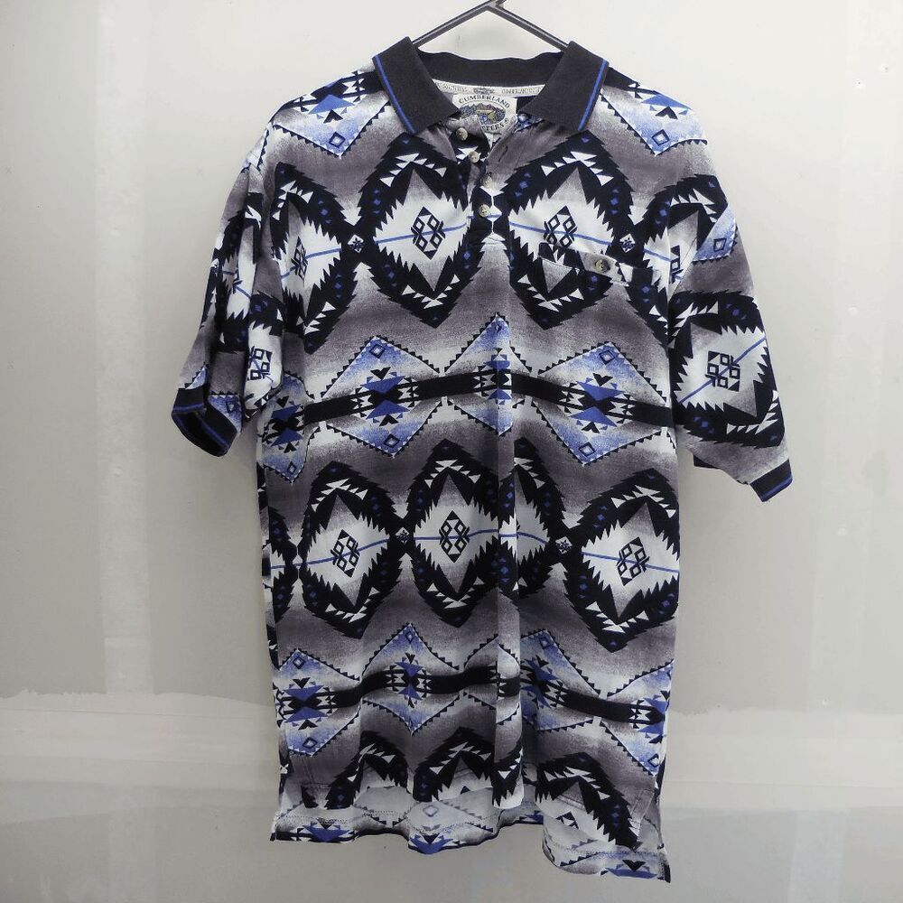 VINTAGE Cumberland Outfitters Polo Shirt Mens Medium Aztec Southwestern Cowboy
